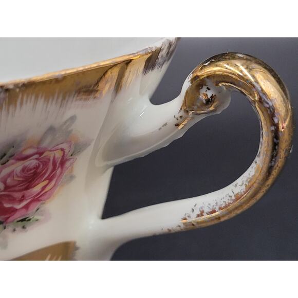 Tea Cup Porcelain Japan Roses Gold Gilt Three Footed Pink Green Floral 50s - Picture 7 of 10